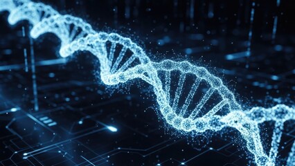 Blue glowing 3DNA double helix molecule on a digital circuit background genetic science