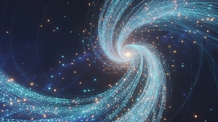 Abstract digital vortex of glowing blue light streams and golden particles swirling into a bright central singularity
