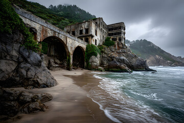 Abandoned seaside hotel ruins on rocky cliff with dramatic ocean views