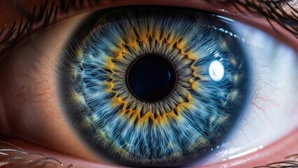 Extreme Close-up of a Human Blue and Yellow Iris Keywords: human, eye, iris, close-up, extreme, macro, blue, yellow, brown, pupil, sclera, detail, intricate, texture, pattern, biology, anatomy