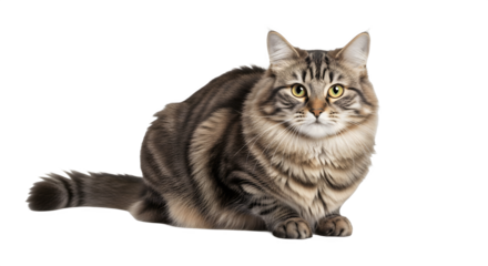 Majestic tabby cat sitting gracefully showcasing beautiful fur and focused gaze.