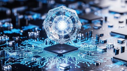 Futuristic crystal core glowing on a complex circuit board with blue illuminated pathways technology