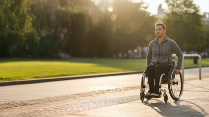 Man in wheelchair moving on pathway in park during afternoon light in lively urban area surrounded by greenery and city buildings