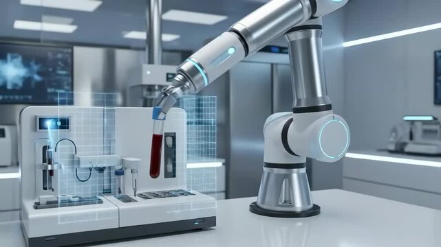 Automated laboratory robot arm blood sample automation robotic arm handling blood sample tube vial
