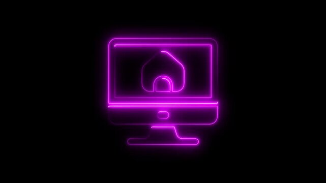 Neon Pink Computer Screen Displaying a House Icon on Black Background glow light