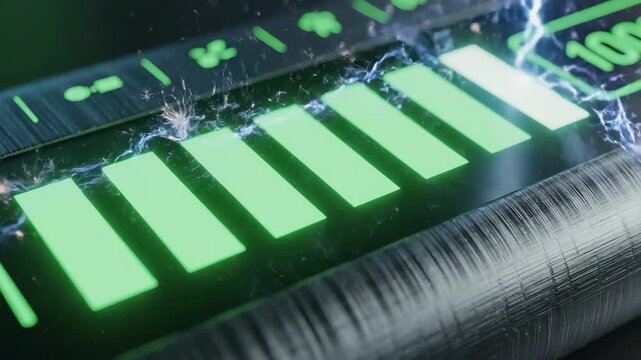 Close-up of a green battery charging indicator showing progress with lightning effects