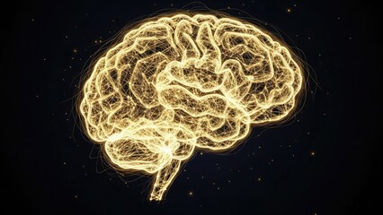 Glowing Yellow Wireframe Human Brain with Sparkles image photo