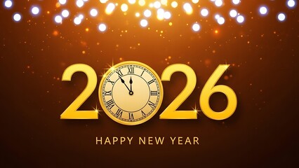 Golden happy new year 2026 countdown with clock and sparkling lights
