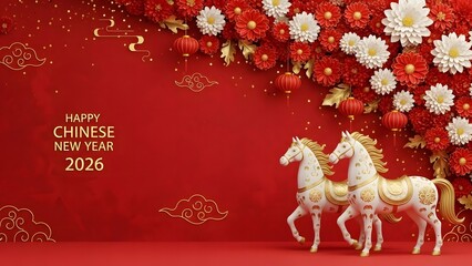 Festive chinese new year 2026 background featuring ornamental horses and red flowers