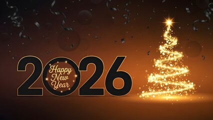 Happy new year 2026 greeting card with sparkling light tree and confetti