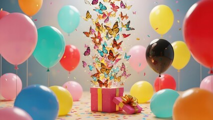 A magical surprise box releasing colorful butterflies among a festive display of balloons