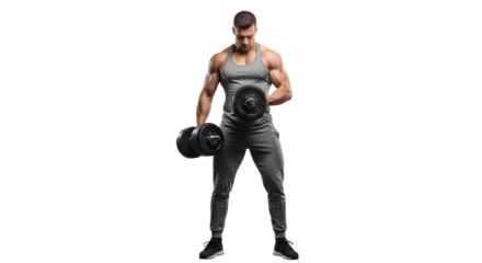 Muscular man in athletic wear performing bicep curls with heavy dumbbells.