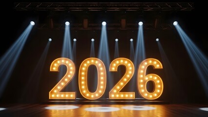 The illuminated marquee numbers 2026 on a dark stage with spotlights for a new year celebration