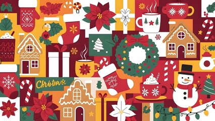 Colorful christmas elements collage featuring snowman gingerbread house and festive decorations