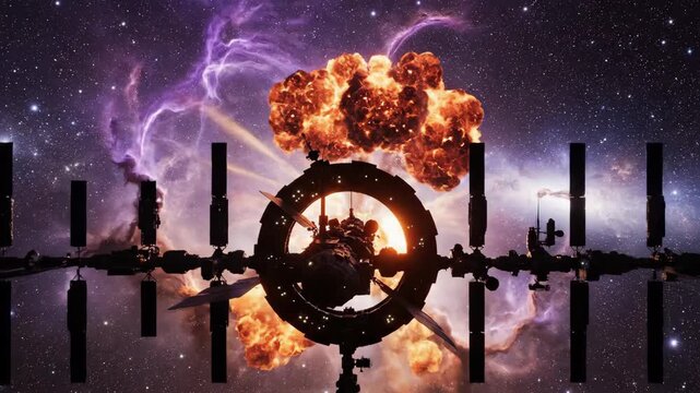 Futuristic space station silhouette against a vibrant nebula and explosion