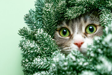 A close-up of a cat with green eyes peeking through artificial Christmas tree branches. The background is a soft light green, highlighting the festive and curious scene.