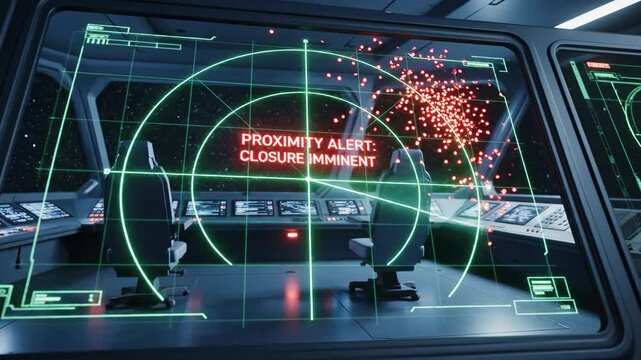 Sci-fi cockpit with radar screen displaying proximity alert