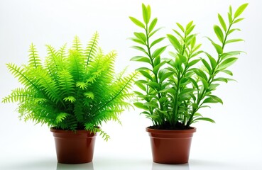 Fototapeta premium Two potted green plants on white background. Plants in brown pots bright green leaves. One plant long thin leaves, short dense fern like leaves. Indoor plants, houseplants, decorative plants.