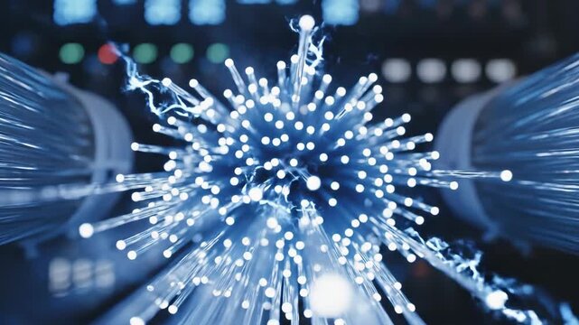 Close-up abstract of a fiber optic cable bundle pulsing with light