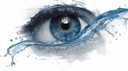 Eye with blue iris and water flowing through, white background, concept of vision or clarity