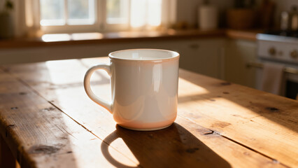 Minimalistic coffee cup on a wooden table in a bright kitchen with warm sunlight 