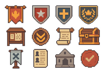 Guild Icon Set. Guild Structure Elements set of icons in flat pixel vector style: guild banner, member badge, role emblem, leadership crest, quest board, rank token, communication
