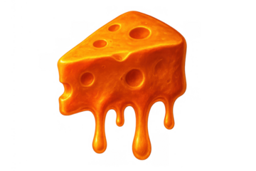 Melting orange cheese slice dripping delicious gooey cheddar goo. Cartoon dairy product with holes and liquid texture