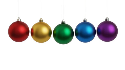 Five colorful christmas ornaments hanging isolated on transparent background.