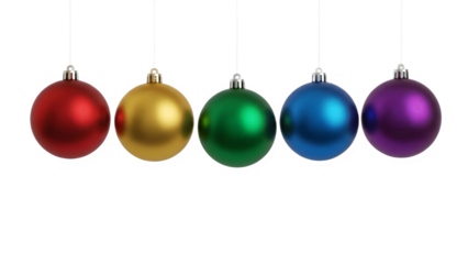 Five colorful christmas ornaments hanging isolated on transparent background.