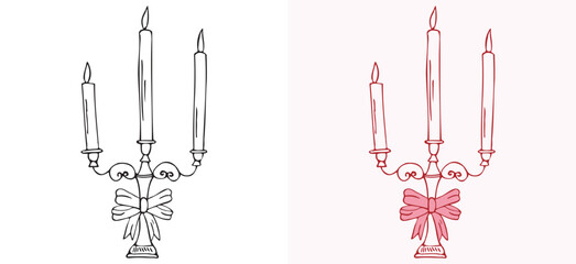 Hand-drawn vintage style candelabra holding three burning candles, accented with a decorative ribbon bow outline. Elegant vector graphic suitable for formal events, invitations, stationery, and classi