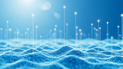 Abstract digital data flow on blue wavy surface with glowing points