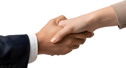 Two people shaking hands in a business agreement.