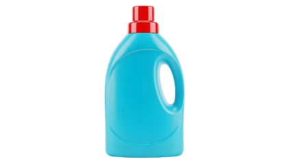 Blue laundry detergent bottle with red cap isolated on transparent background.