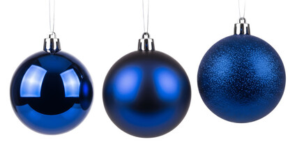 Three blue oval christmas ornaments isolated on transparent background.