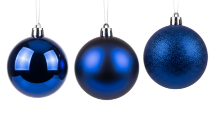 Three blue oval christmas ornaments isolated on transparent background.