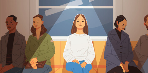 Happy optimistic girl in subway car. Positive passenger among gloomy faces. Flat vector illustration