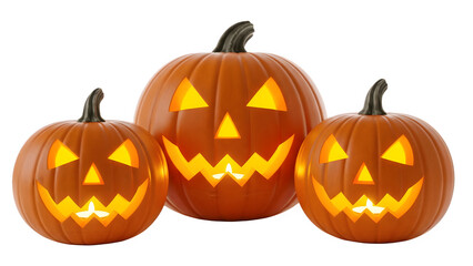 Three carved halloween pumpkins with glowing faces isolated on transparent background.