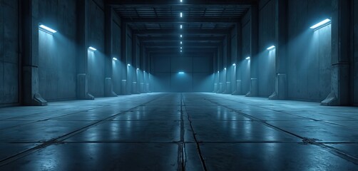 Naklejka premium Vast industrial warehouse interior with concrete floor, columns. Blue overhead spotlights illuminate long empty tunnel corridor, creating atmospheric moody lighting. Futuristic building architecture.