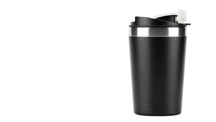 Black travel tumbler with white straw isolated on transparent background.