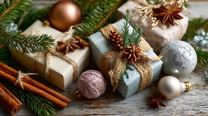 Festive Season Presents: Capturing the festive spirit, a collection of meticulously wrapped gift boxes, adorned with natural textures and seasonal accents, evokes warmth, joy, and the magic of giving.