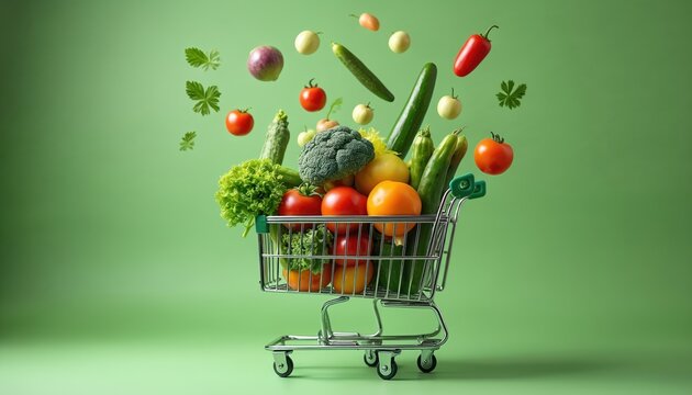 Shopping cart filled with fresh vegetables and fruits on green background. Vegetables and fruits are falling into metal shopping trolley. Fresh produce for healthy eating and organic food shopping.