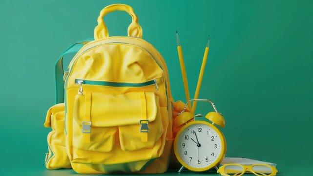 Video A yellow backpack and a yellow clock on a green background