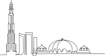 Continuous Line Art Sharjah Skyline with Cultural Center Dome in Minimal Contour Outline Style © rs_studios