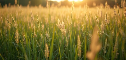 Fototapeta premium Green tall grass in a field illuminated by sunlight. Wild grass sways gently in the breeze. Golden light shines on the grass. Beautiful natural landscape in a sunny meadow.