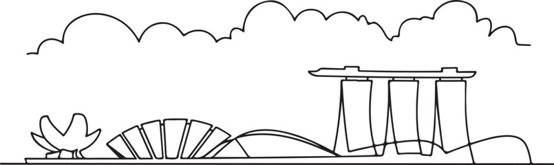 Continuous Line Art Singapore Skyline with Gardens by the Bay Domes in Minimal Contour Outline Style