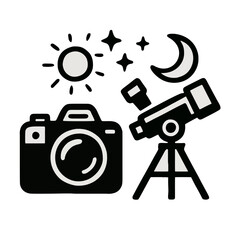 A minimalist black-and-white glyph for astrophotography, featuring a camera, telescope on a tripod, sun, stars, and crescent moon