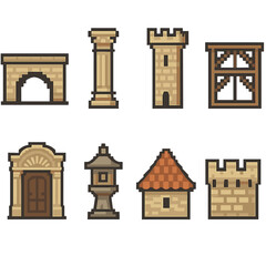 Pixel Heritage Icons. Heritage architecture elements set of icons in flat pixel vector style: old bridge arch, carved column, medieval tower, timber beam frame, ornate doorway,