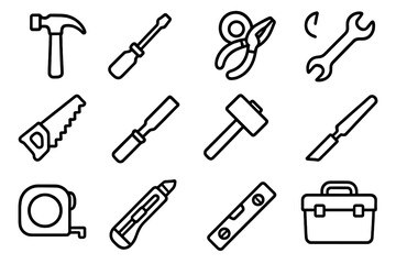 Essential DIY Tools. DIY Hand Tool Essentials linear set: claw hammer tile, screwdriver node, wrench bar, pliers ring, hand saw patch, chisel stripe, mallet panel, file arrow,