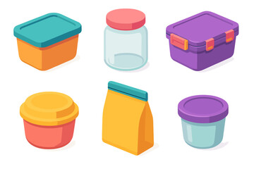 Stylish Food Containers. Food Containers flat isometric set: airtight tub, glass jar, snack box, insulated bowl, reusable pouch, portion cup.