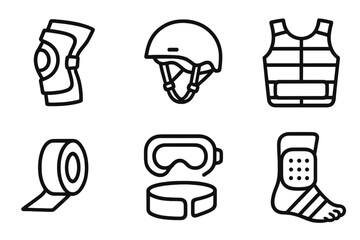 Protective Gear Icons. Active Safety Essentials linear set: knee support, elbow shield, sturdy helmet, padded vest, athletic tape, eye shield, impact-absorbing pad, ankle wrap.
